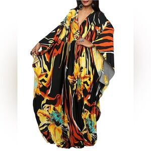 Long Flowy Kaftan Dress Coverup Black Yellow Orange Teal Deep V Neckline Draped